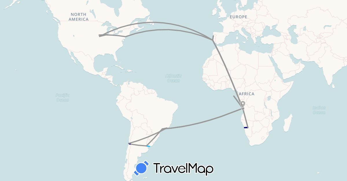 TravelMap itinerary: driving, plane, boat in Angola, Argentina, Brazil, Chile, Namibia, Portugal, São Tomé and Príncipe, United States, Uruguay (Africa, Europe, North America, South America)