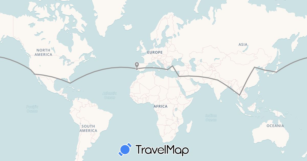 TravelMap itinerary: driving, plane in China, Greece, India, Jordan, Japan, South Korea, Portugal, Thailand, Turkey, United States (Asia, Europe, North America)
